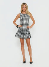Kolbie Boat Neck Frill Mini Dress Black / White Check