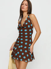 Karolie Halter Plunge Mini Dress Brown / Blue Polka Dot