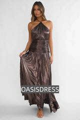 Ahmara Drop Waist Accordion Pleat Maxi Dress Gunmetal