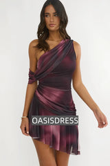 Anaisa One-Shoulder Draped Mini Dress Print Wine