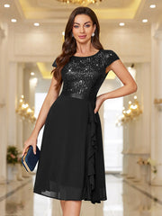 Sequin Lace Ruffle Trim Chiffon Cocktail Party Swing Dress for Weddings, Proms & Formal Events