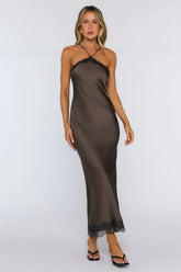 Editorial Archive Satin Lace Maxi Dress Brown