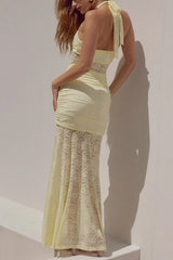 Halterneck Lace Patchwork Ruched Dress
