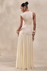 Myssara | Cream High-Neck Maxi Dress Gathered-Detailing