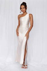 The Aurora One Shoulder Satin Maxi Dress Pearl
