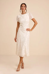 Bridget Ivory Floral Jacquard Puff Sleeve Midi Dress