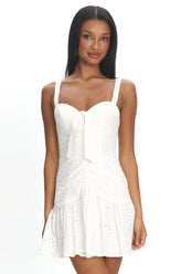 Rachelle Tied Bust Ruched Mini Dress Eyelet White