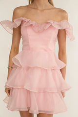 Rosira Off-Shoulder Ruffle Mini Dress Pink