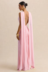 Premiere | Light Pink Boat-Neck Maxi Dress With Cape-Sleeves And Open-Back