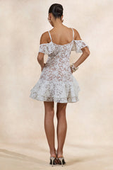 Lyris | White Lace Scoop-Neck Mini Dress With Ruffled Detailing