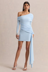 Savita | Powder Blue Ruched Asymmetric Mini Dress With Drape