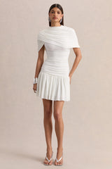 Fenella | White High-Neck Mini Dress With Cape-Sleeves And Ruched Detailing
