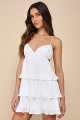 Sleek Dedication White Satin Plisse Cutout Tiered Mini Dress