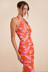 Fiametta Orange and Pink Floral Ruched Maxi Dress