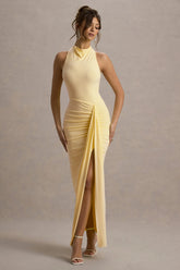 Sunflower | Pale Lemon Ruched High-Neck Split Maxi Dress