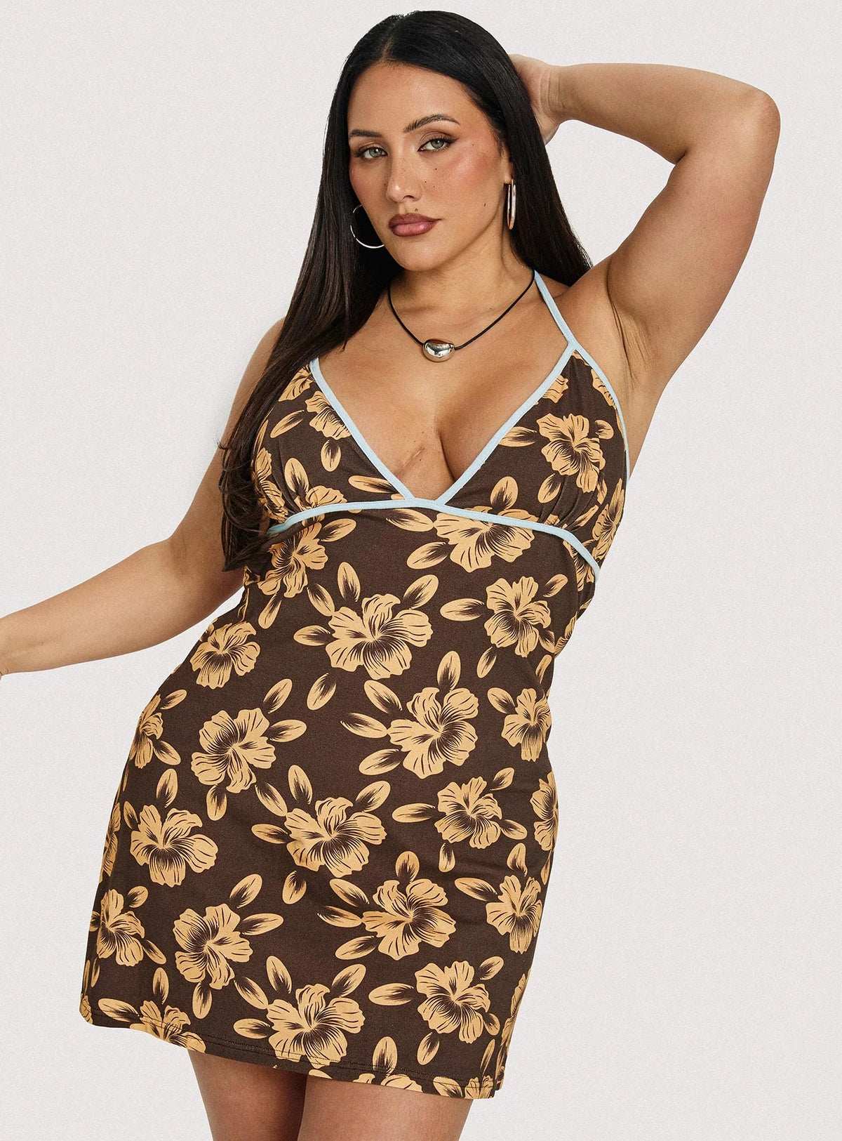 Mishie Halter Mini Dress Brown / Blue Floral Curve