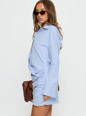 Well Versed Long Sleeve Ruched Shirt Mini Dress Blue
