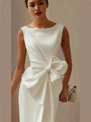 Solid Color Bow Decoration Round Neck Sleeveless Knee-Length Mini Dress