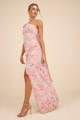 Adeline Light Pink Floral One-Shoulder Scarf Maxi Dress
