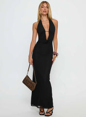 Stroke of Fate Plunge Halter Maxi Dress Black
