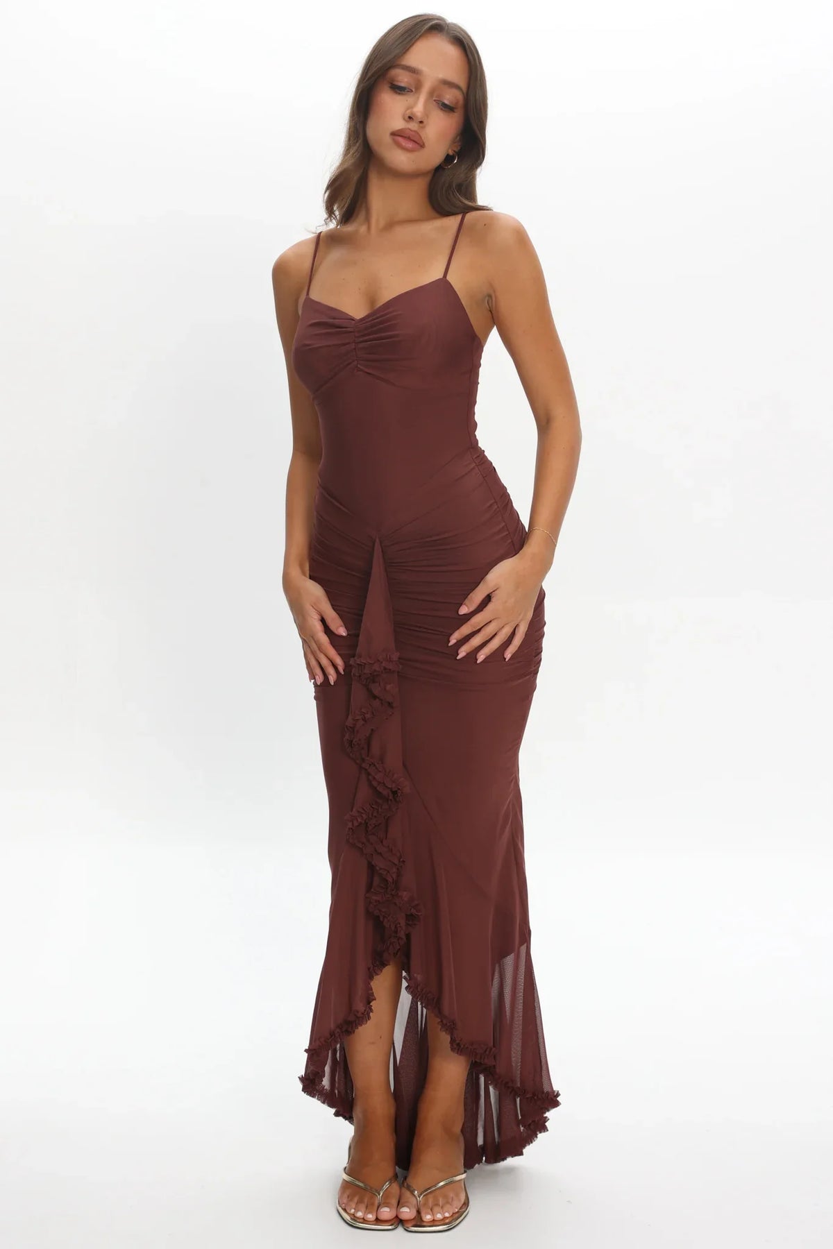 Kamilah Gathered Cascading Ruffle Midi Dress Maroon
