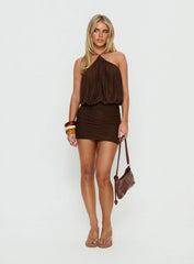 Jennah Halter Ruched Mini Dress Chocolate