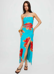 Katara Strapless Maxi Dress Blue / Orange Floral