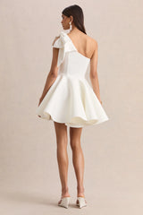 Prosperity | White Asymmetric-Neck Mini Dress With Bow Detail
