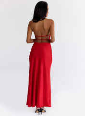 Iridescent Plunge Maxi Dress Red
