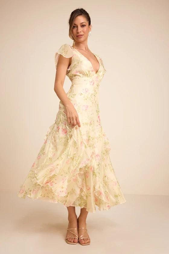 Deluca Light Green Floral Ruffled Midi Dress