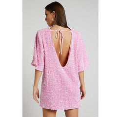 Velvet Sequin Elegant V neck Backless Short Sleeve Dress