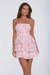 Sweetest Soul Floral Lace Tiered Strapless Mini Dress Pink