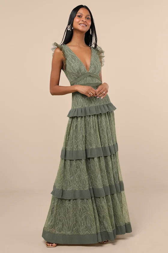 Marvelous Darling Olive Lace Ruffled Tiered Maxi Dress