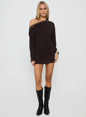 Sakaia Long Sleeve Eyelet Mini Dress Brown