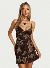 Abigaia V Neck Mini Dress Brown Paisley