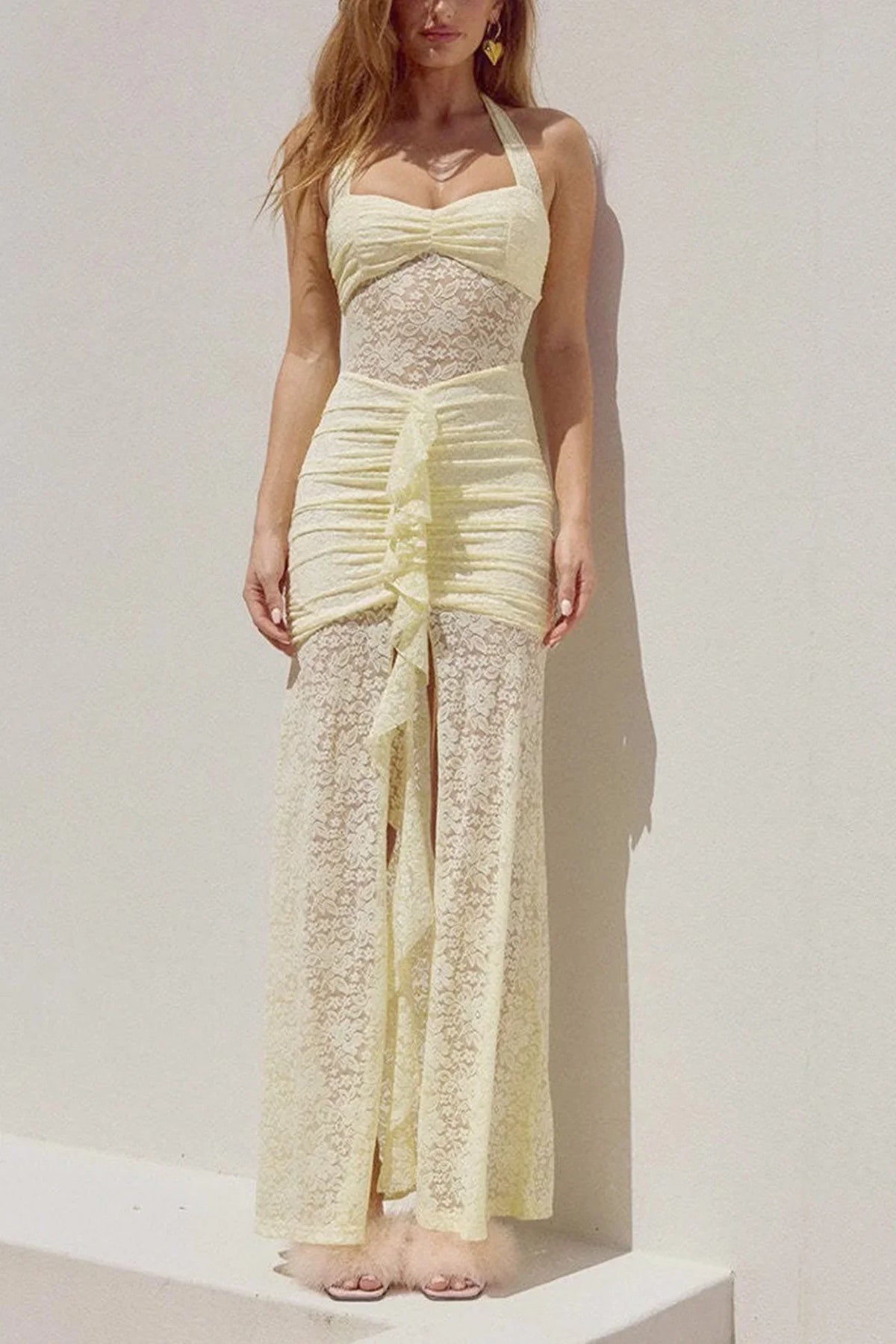 Halterneck Lace Patchwork Ruched Dress