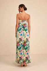 Whimsical Beauty Multi Floral Satin Plisse Strapless Maxi Dress