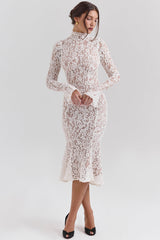 Sophia-Vintage Ivory Lace Fitted Midi Dress