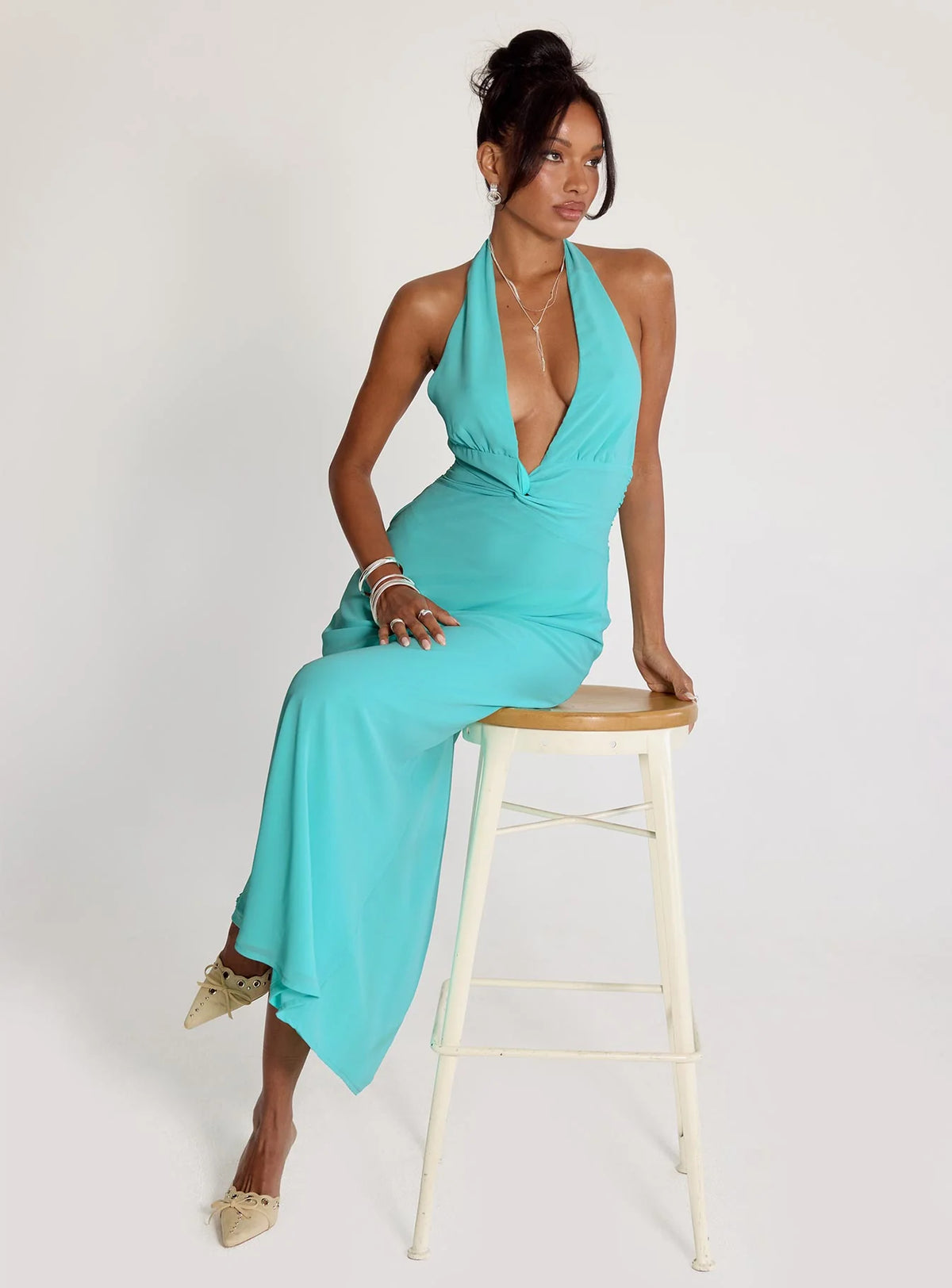 Destina Plunge Maxi Dress Aqua
