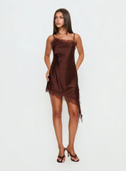Malakhai Lace Asymmetrical Mini Dress Chocolate