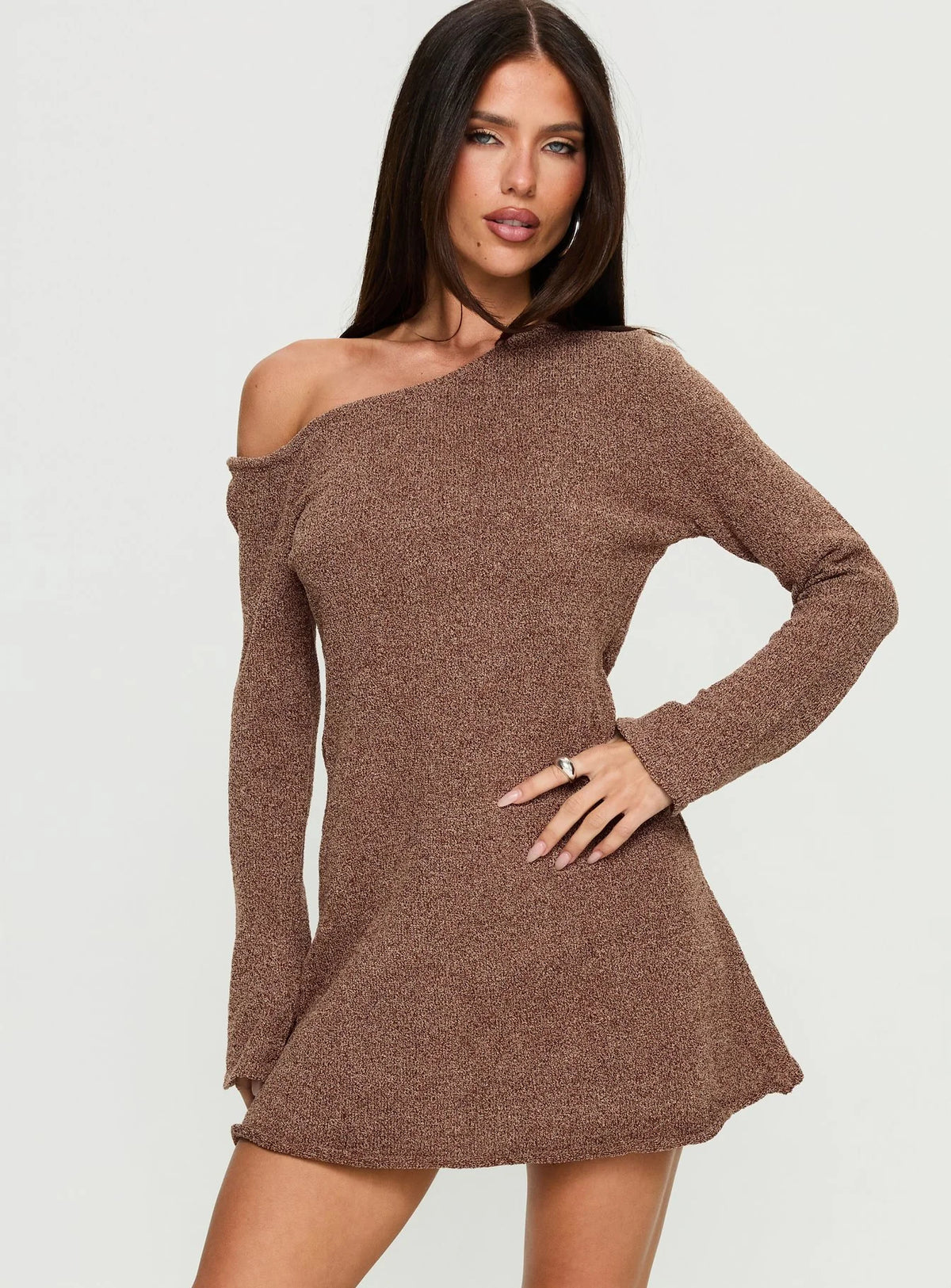 Jaede Off Shoulder Knit Mini Dress Mocha