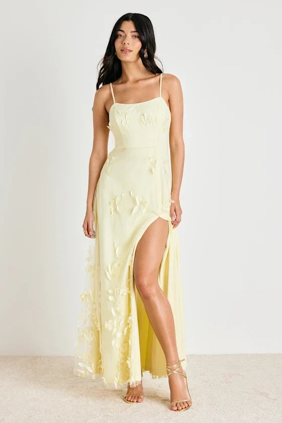 Abundant Charm Pale Yellow 3D Floral Applique Maxi Dress