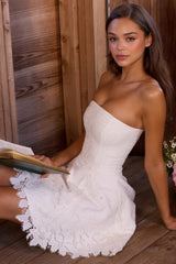 white strapless custom lace broderie anglaise mini dress