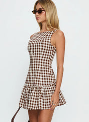 Kolbie Boat Neck Frill Mini Dress Brown Gingham