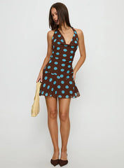 Karolie Halter Plunge Mini Dress Brown / Blue Polka Dot