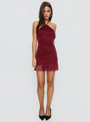Isabelita Halter Fringe Mini Dress Burgundy
