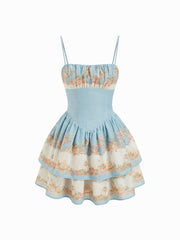 Square Neck Floral Tiered Flared Mini Cami Dress
