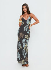 Esmira Halter Maxi Dress Chocolate / Blue Floral
