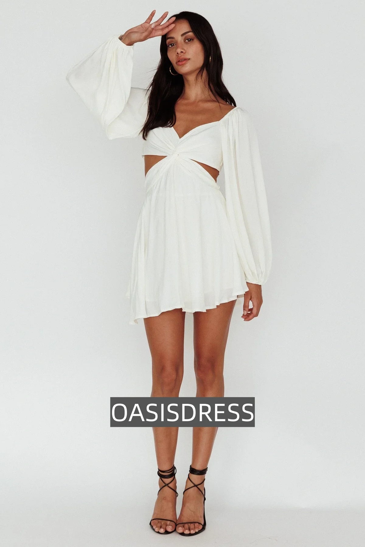 Miraya Balloon Sleeve Twist Mini Dress White
