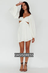 Miraya Balloon Sleeve Twist Mini Dress White